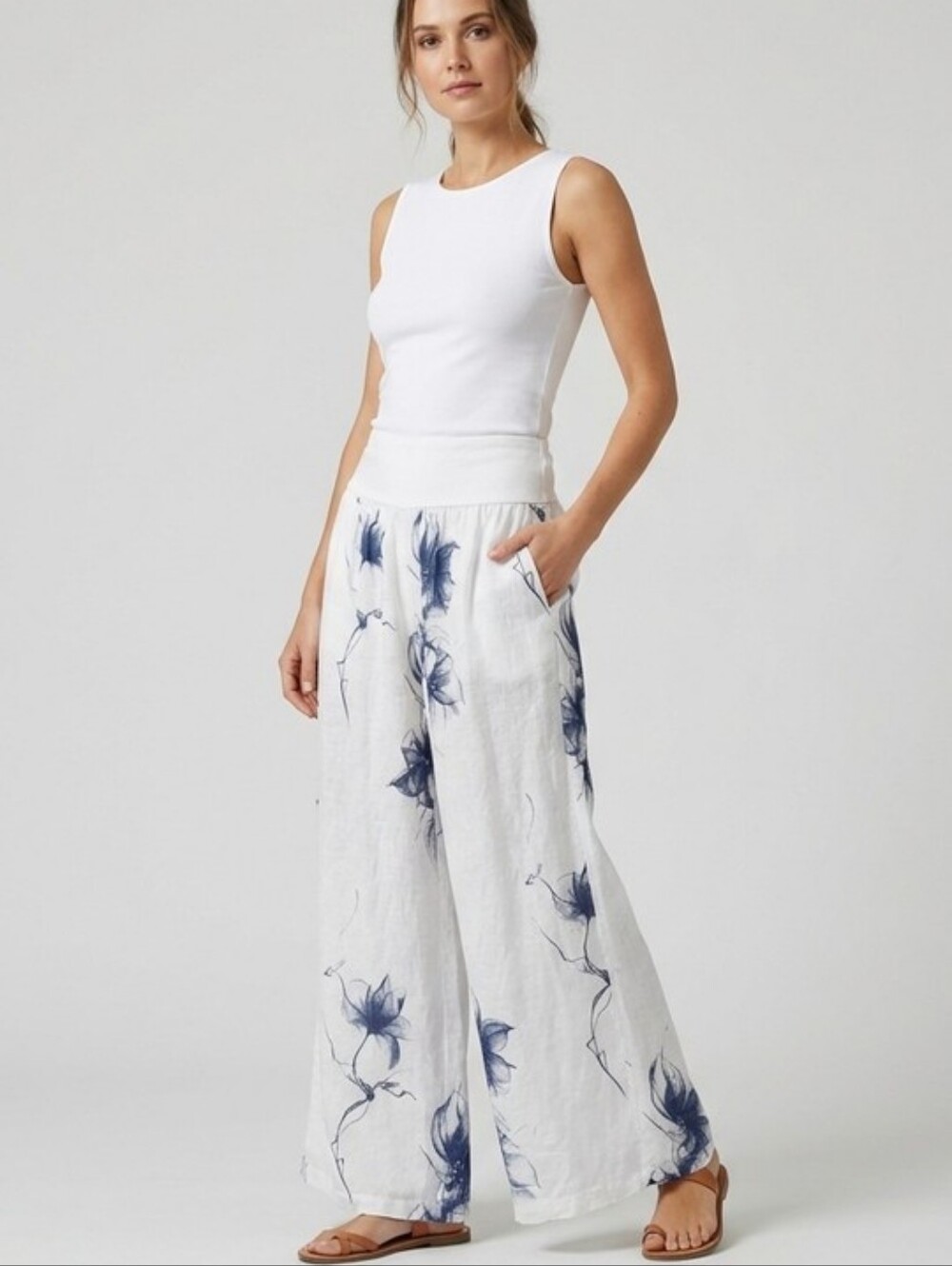 Made In Italy Wide-Leg Floral Print Linen Pants - White/Blue